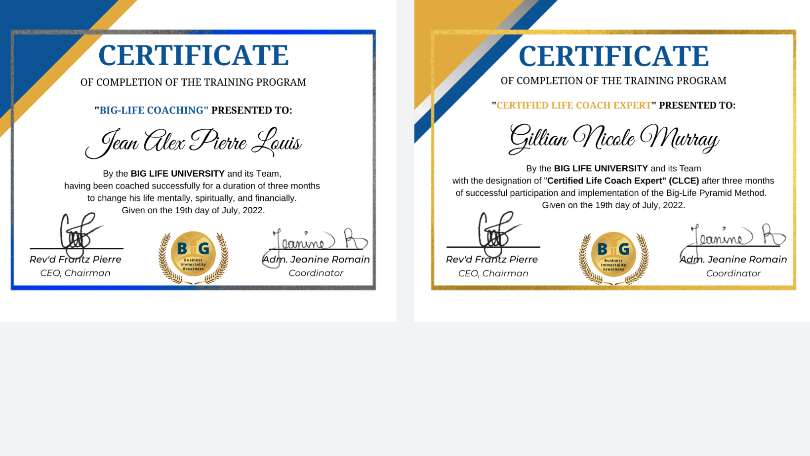 _big life coaching program Certificate
